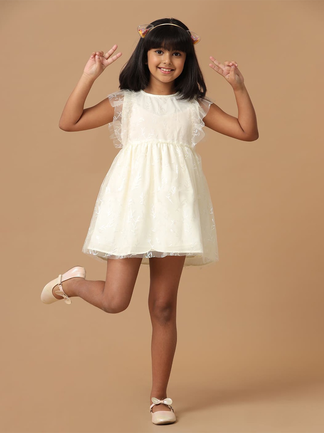 

UNDER FOURTEEN ONLY Self Design Fit & Flare Dress, Cream