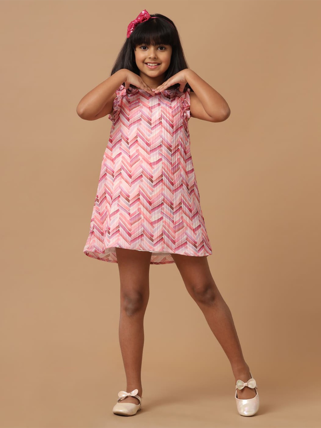 

UNDER FOURTEEN ONLY Girls Chevron Printed Round Neck Crepe A-Line Dress, Pink