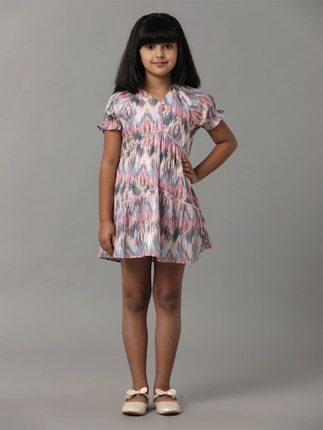 

UNDER FOURTEEN ONLY Abstract Printed V-Neck Fit & Flare Dress, Pink
