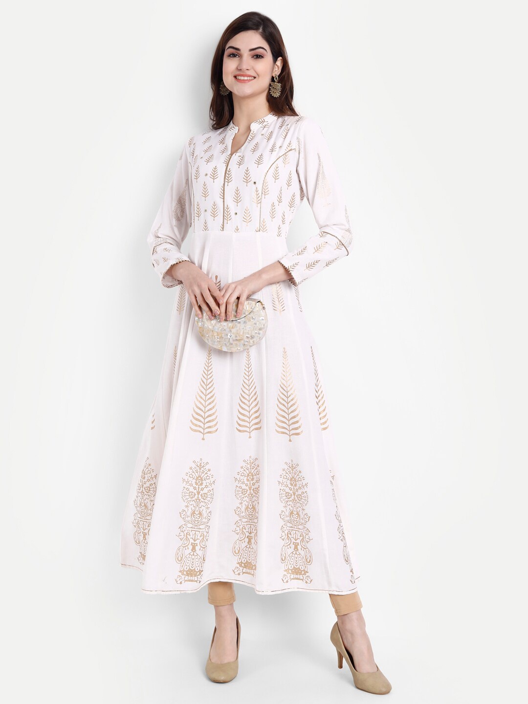 

SUTI Floral Printed Mandarin Collar A-Line Kurta, White
