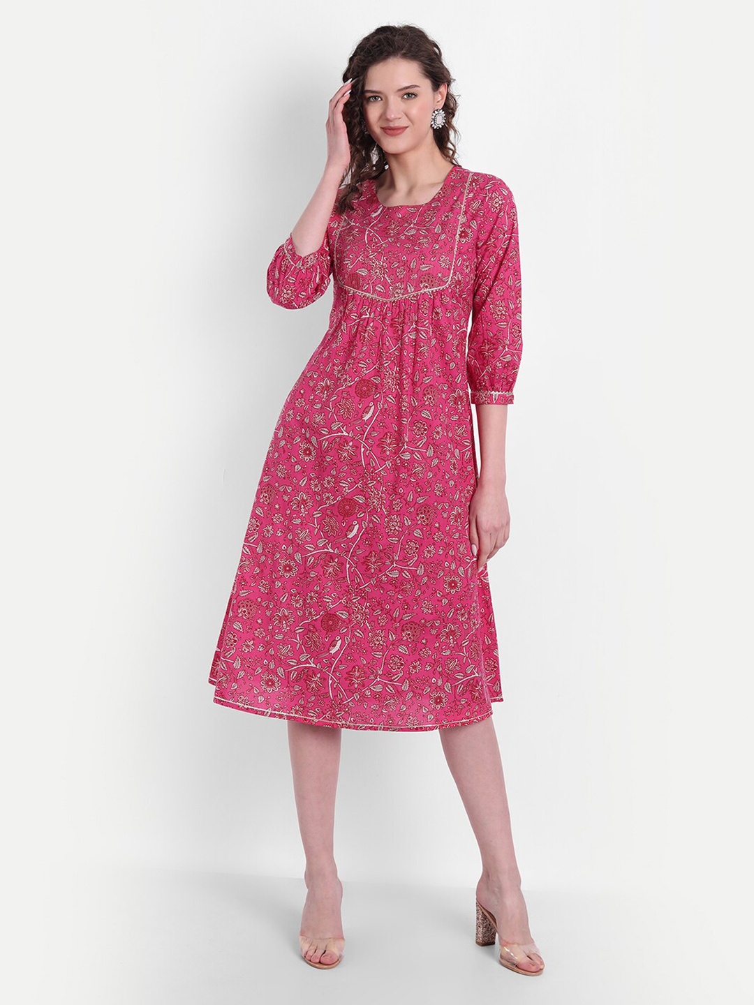 

SUTI Floral Printed Puff Sleeve A-Line Midi Dress, Pink