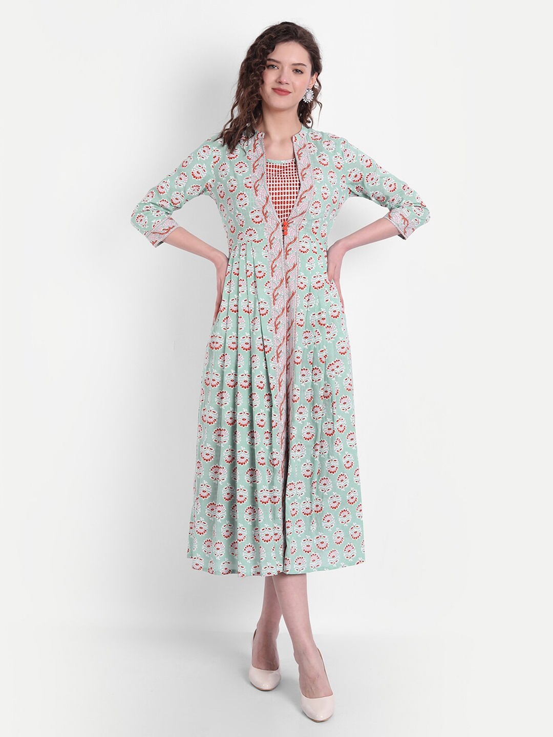 

SUTI Floral Print Mandarin Collar Cotton Midi Dress, White