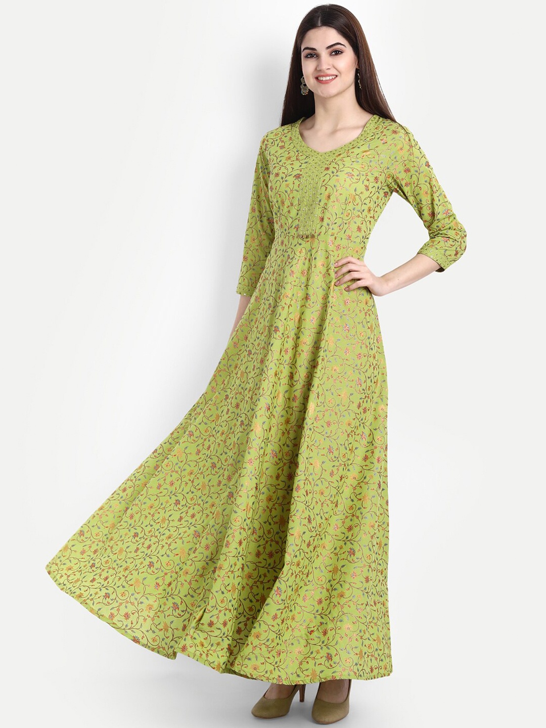 

SUTI Floral Printed Round Neck Sequinned Cotton Maxi Ethnic Dress, Green