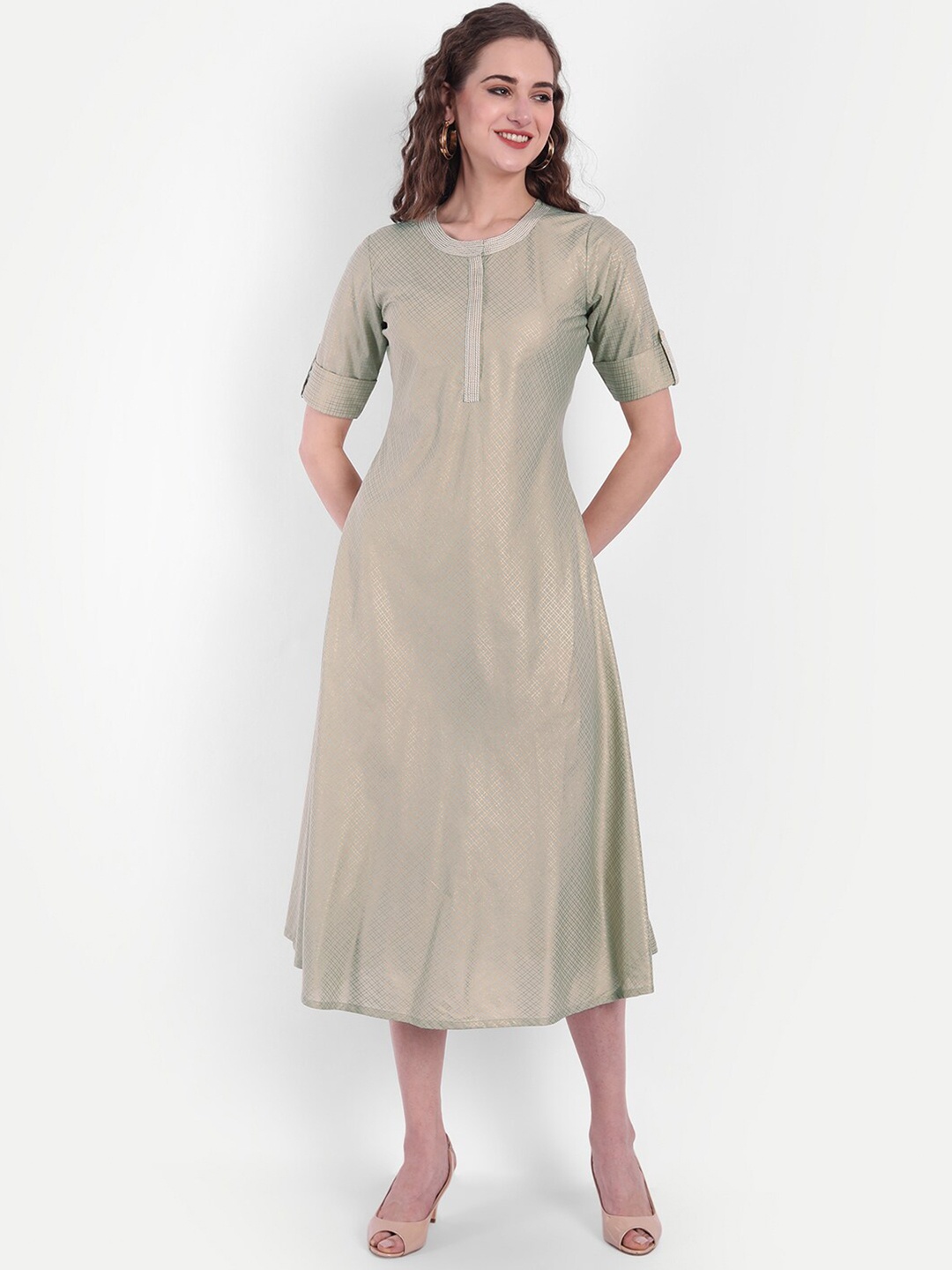 

SUTI Checked Mandarin Collar Roll-Up Sleeves Cotton A-Line Midi Dress, Green