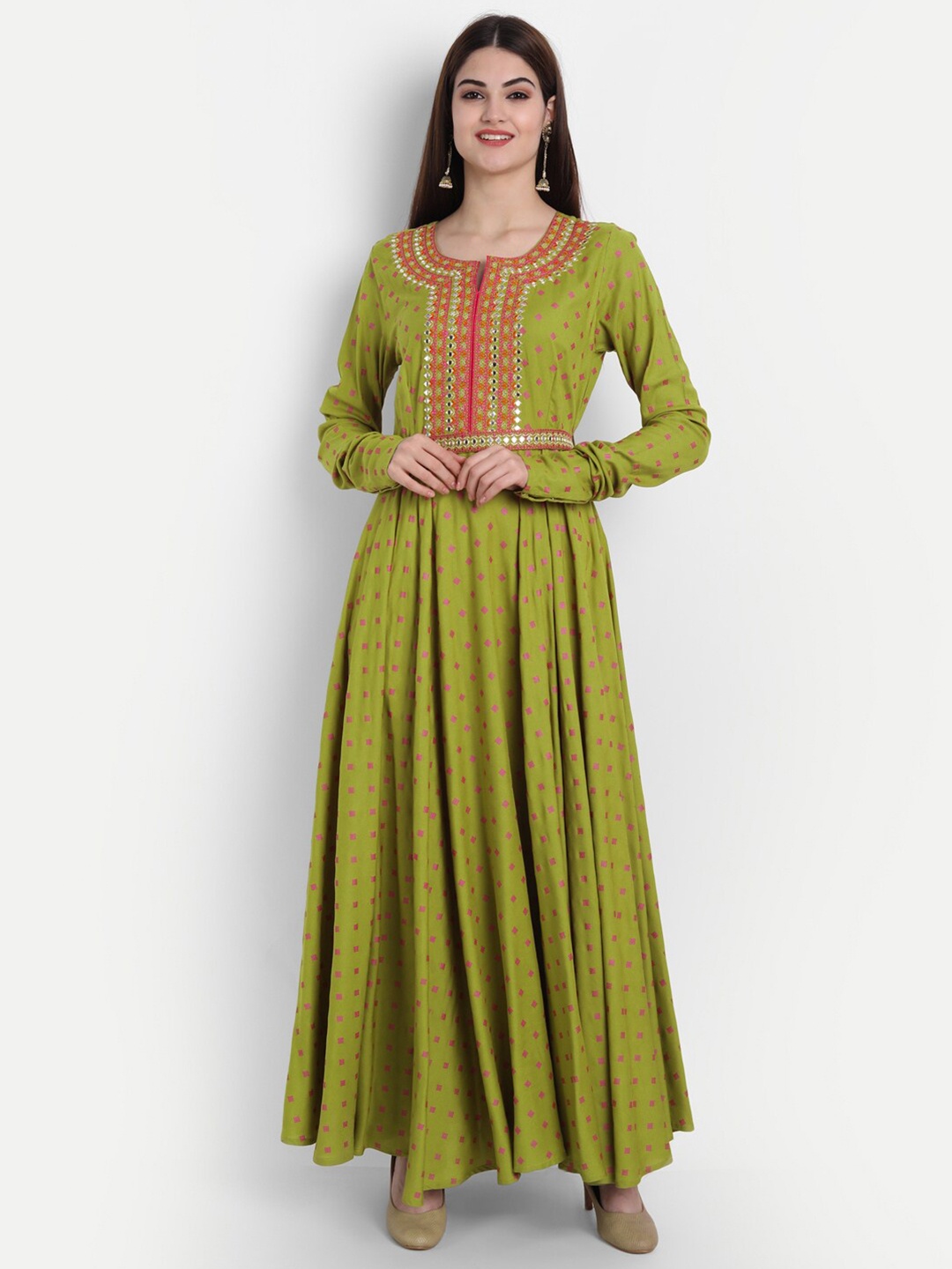 

SUTI Ethnic Motifs Printed Embellished Maxi Ethnic Dress, Olive