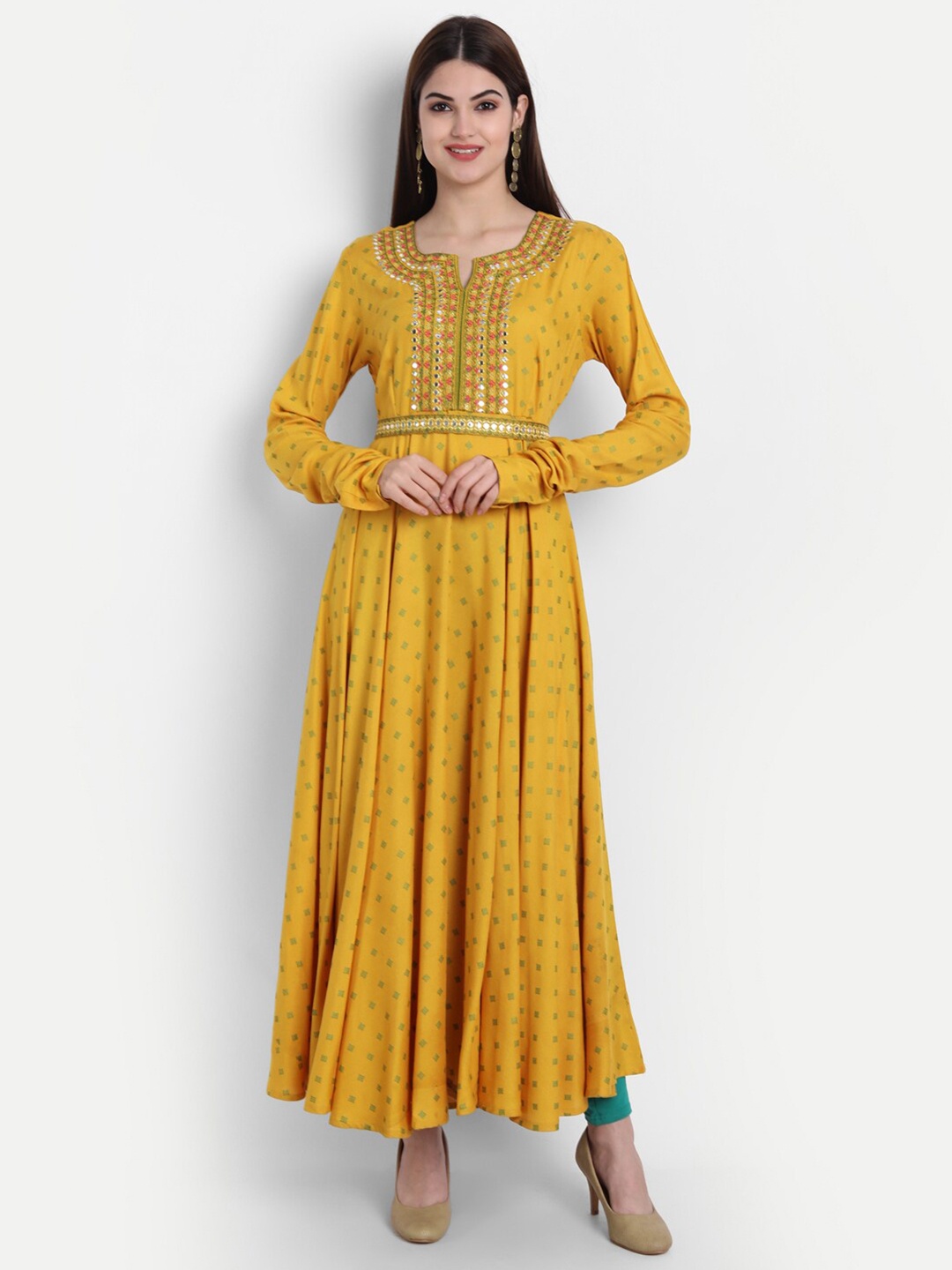 

SUTI Ethnic Motifs Print Long Sleeves Pleated Fit & Flare Dress, Mustard