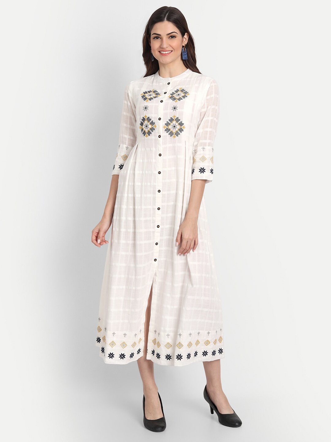 

SUTI Checked Mandarin Collar Cotton Fit & Flare Midi Dress, Off white