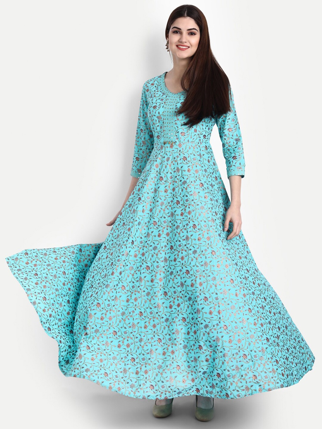 

SUTI Floral Printed Embellished Cotton Maxi Ethnic Dress, Turquoise blue