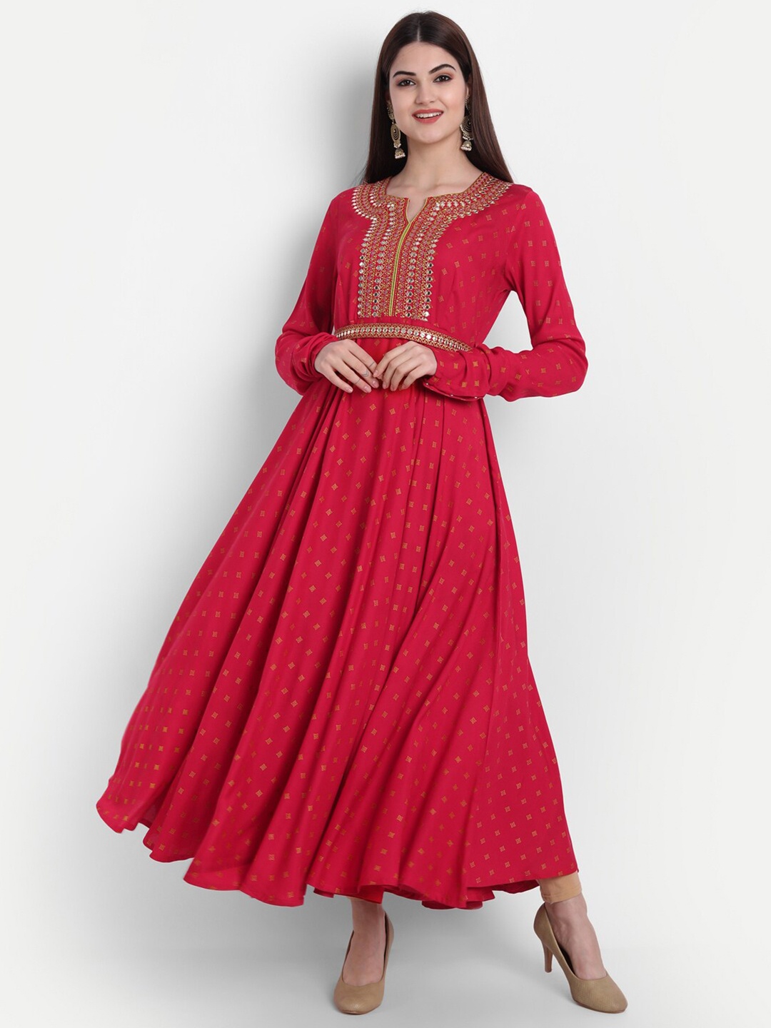 

SUTI Geometric Printed Mirror Work Anarkali Kurta, Red
