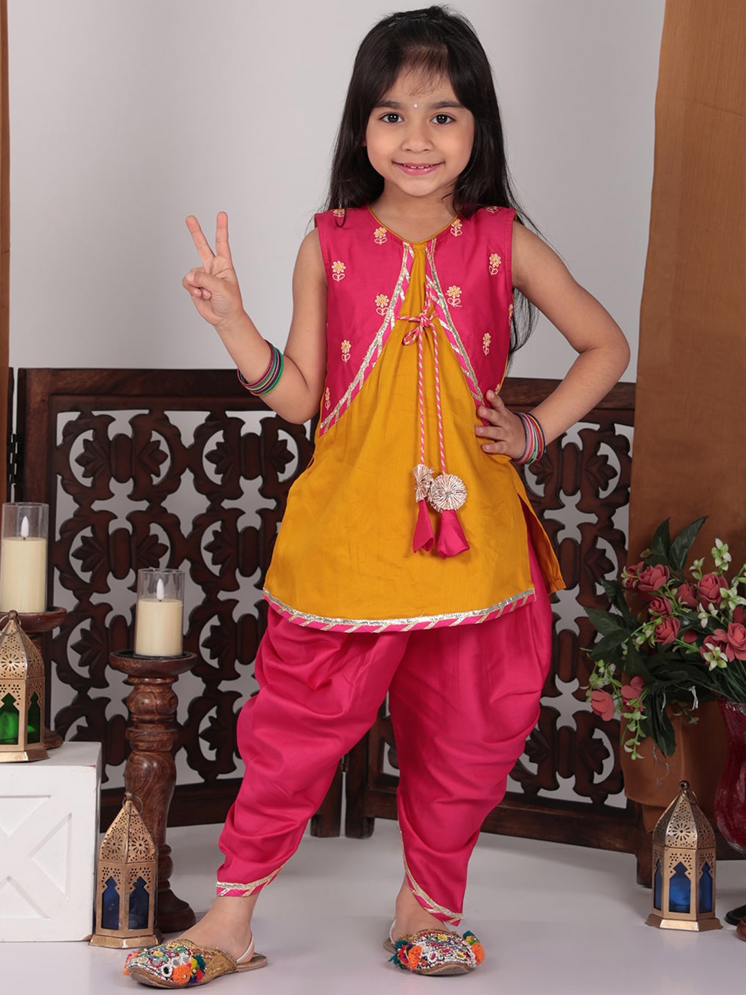 

Here&Now X Kinder Kids Girls Floral Regular Pure Cotton Kurti with Dhoti Pants, Yellow