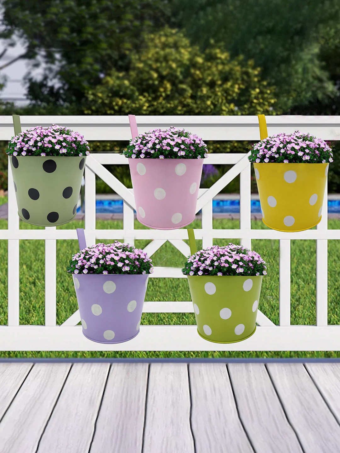 

Garden Deco Yellow & Green 5 Pcs Round Railing Planter With White & Black Dots