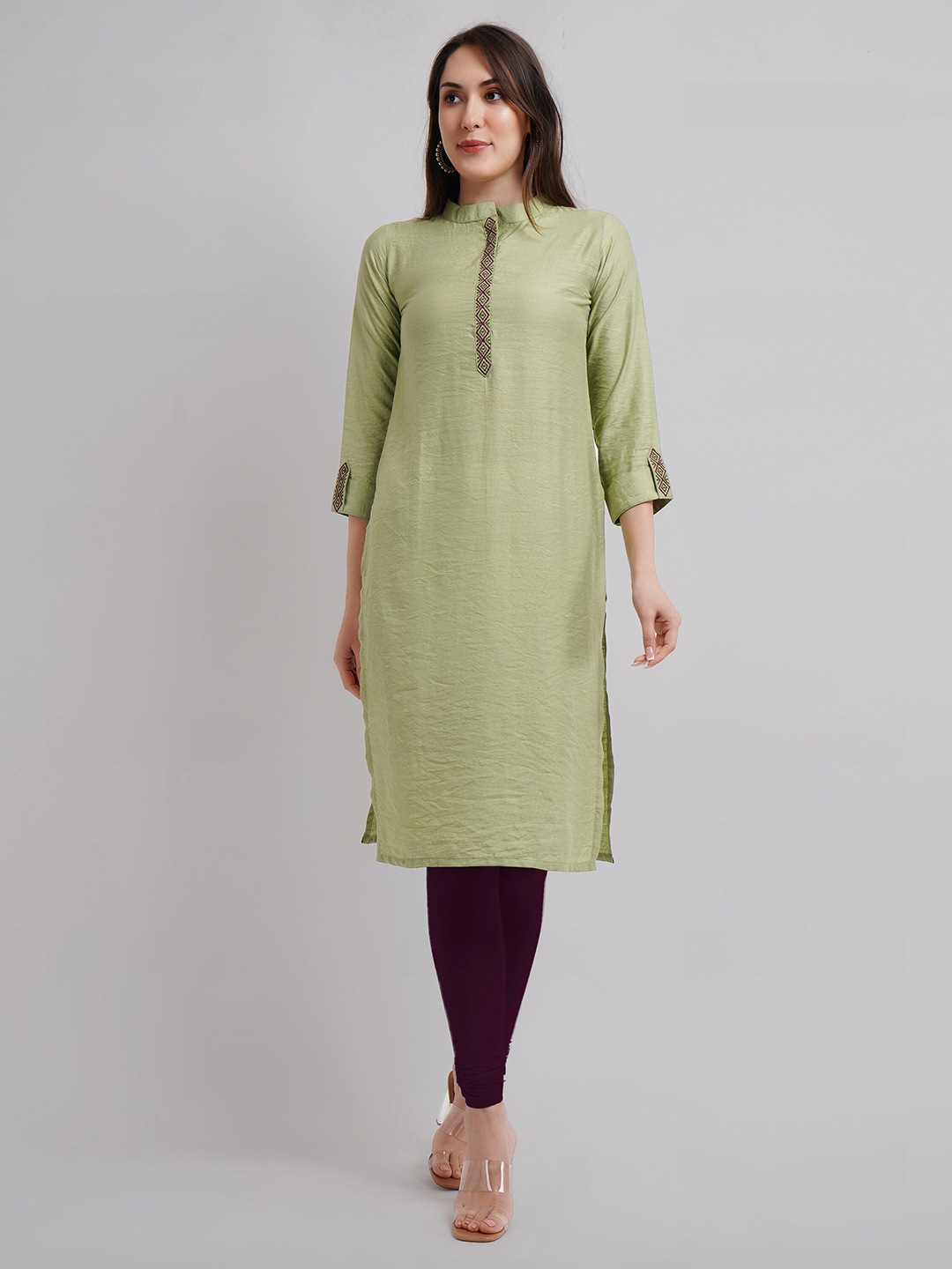 

NAVGYA Mandarin Collar Thread Work Pure Linen Straight Kurta, Green