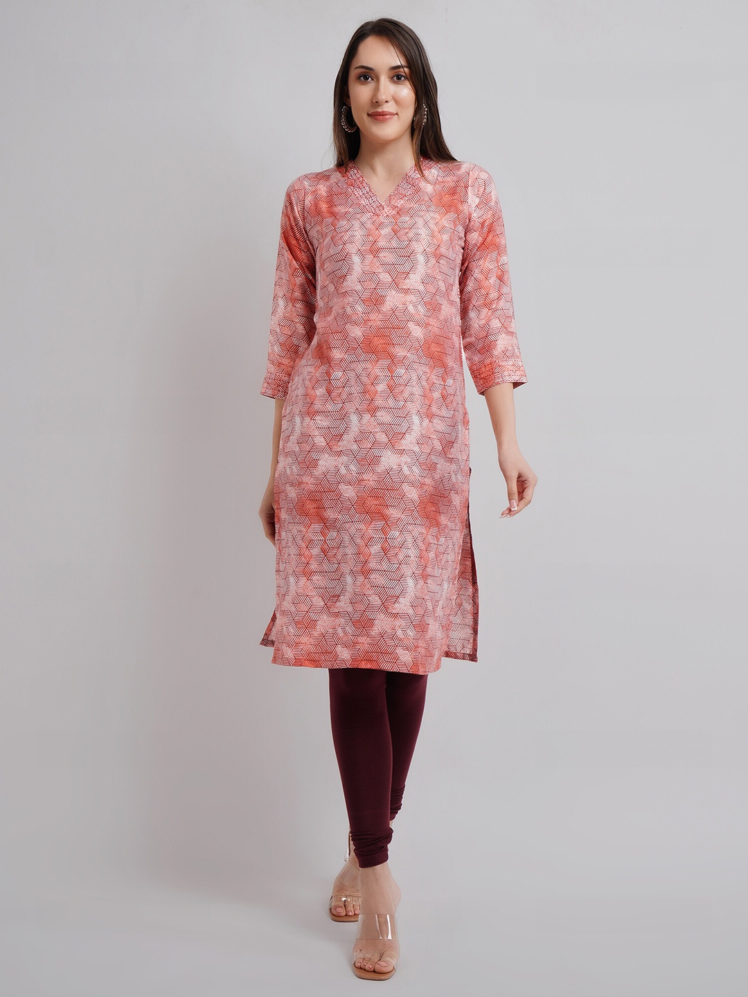 

NAVGYA Geometric Printed Pure Linen Straight Kurta, Peach