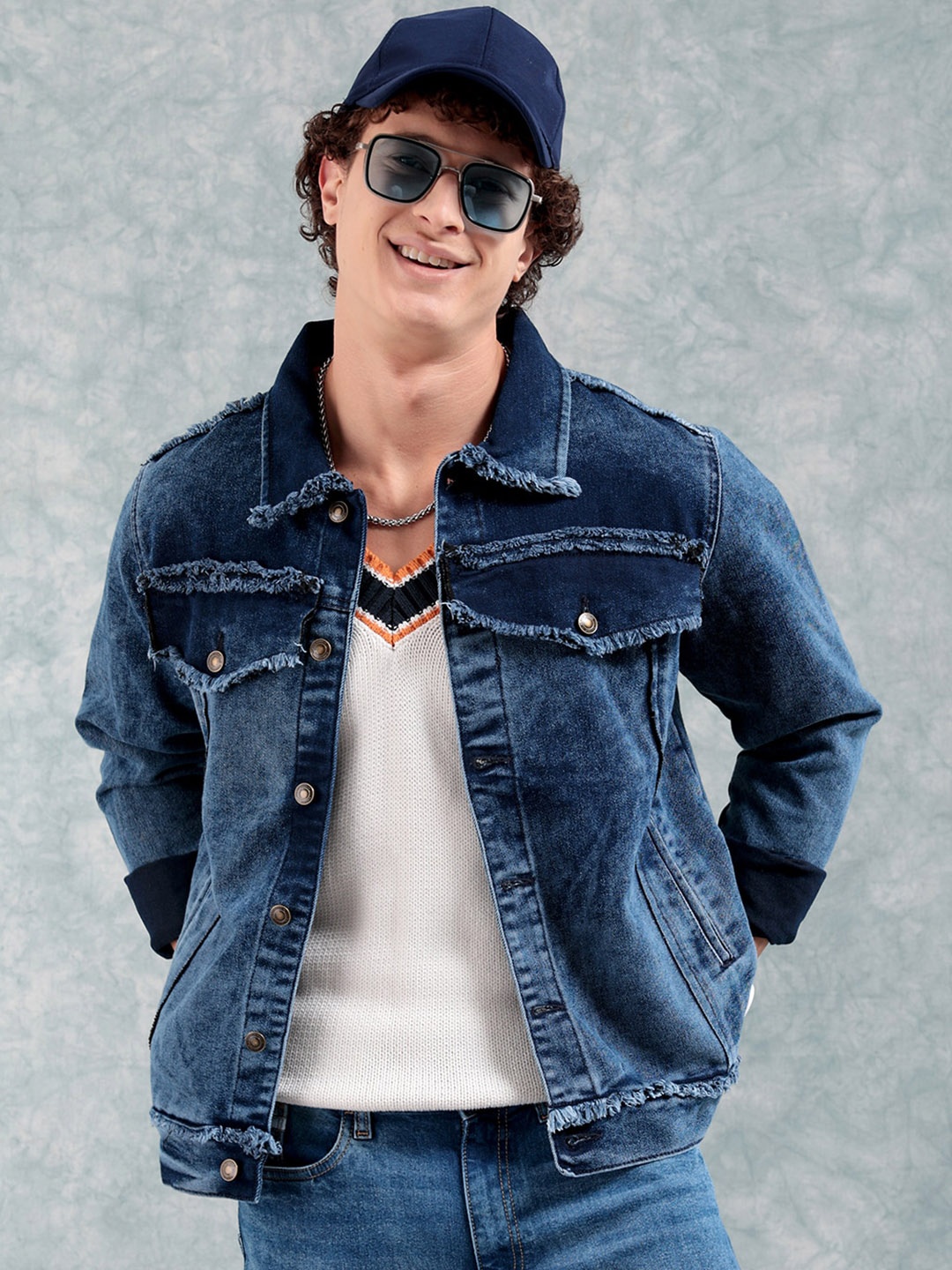 

The Indian Garage Co Men Washed Crop Denim Jacket, Blue