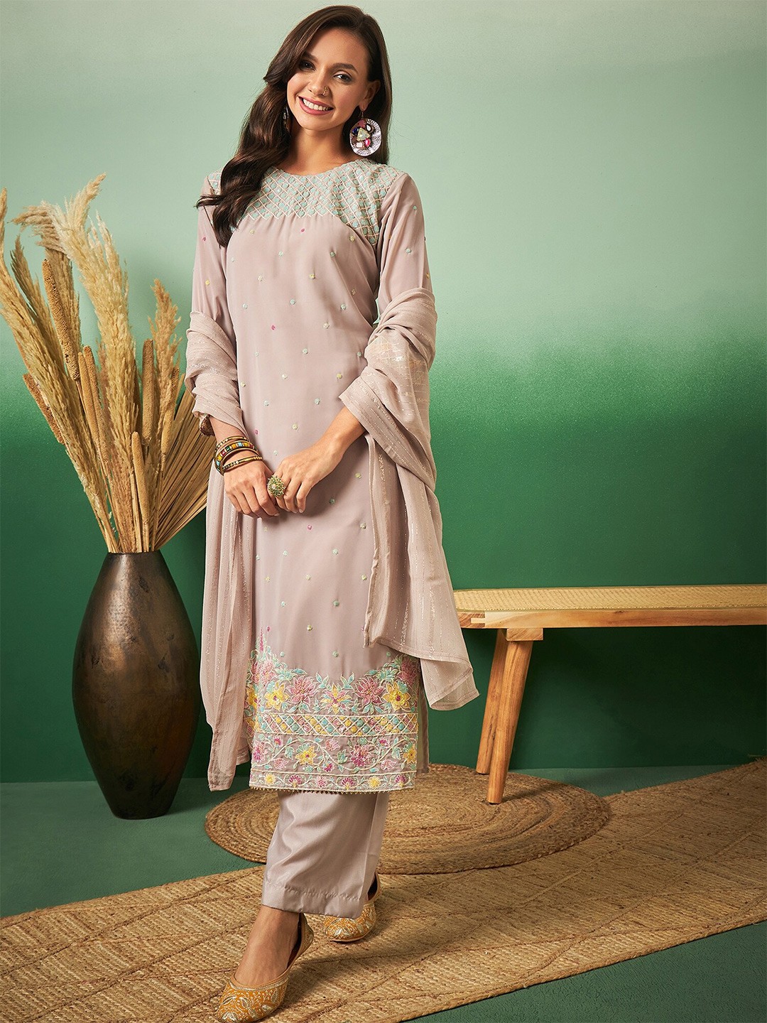 

Sangria Floral Embroidered Unstitched Dress Material, Brown