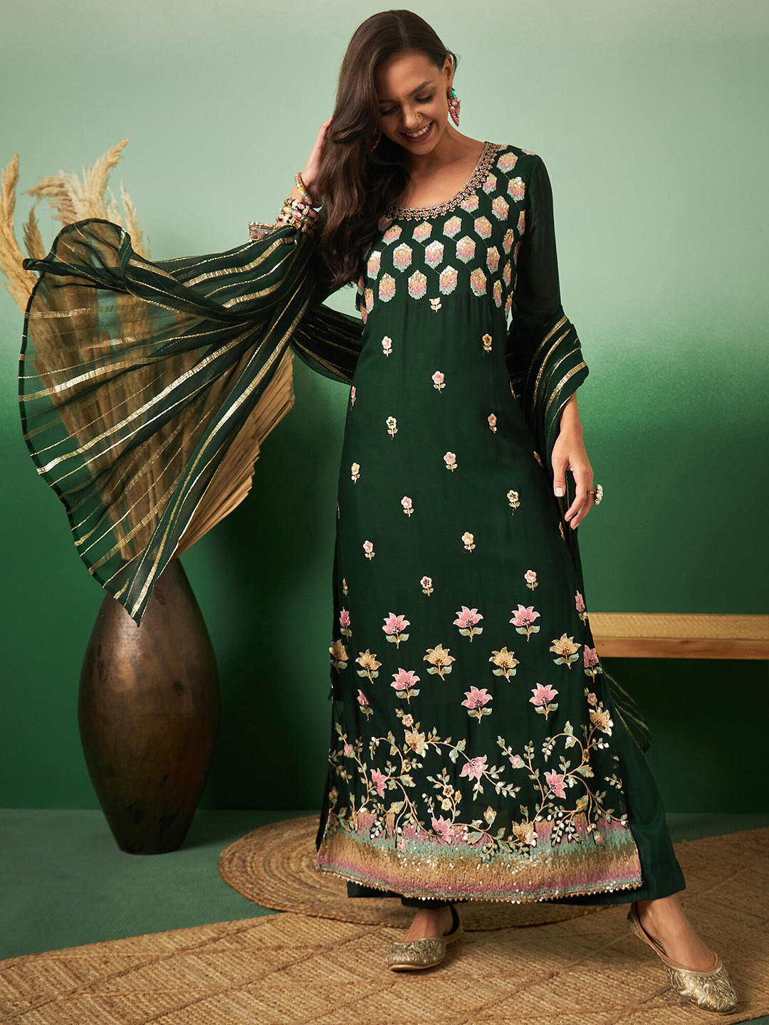 

Sangria Green Floral Embroidered Unstitched Dress Material