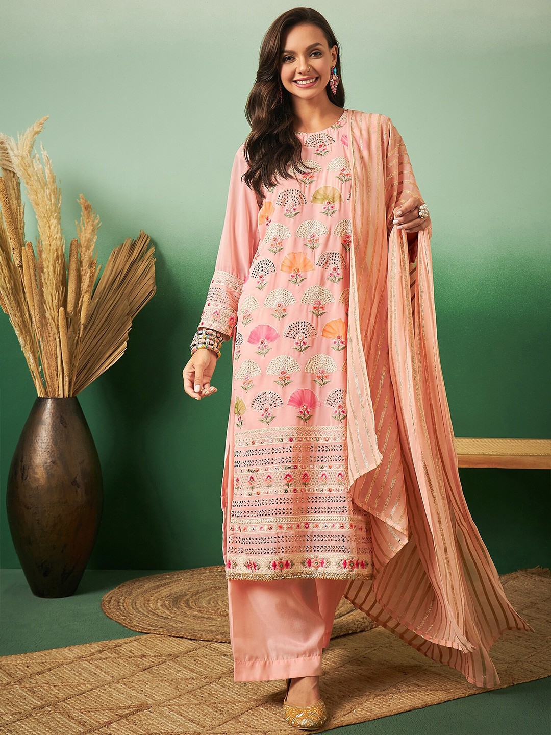 

Sangria Peach-Coloured Floral Embroidered Unstitched Dress Material