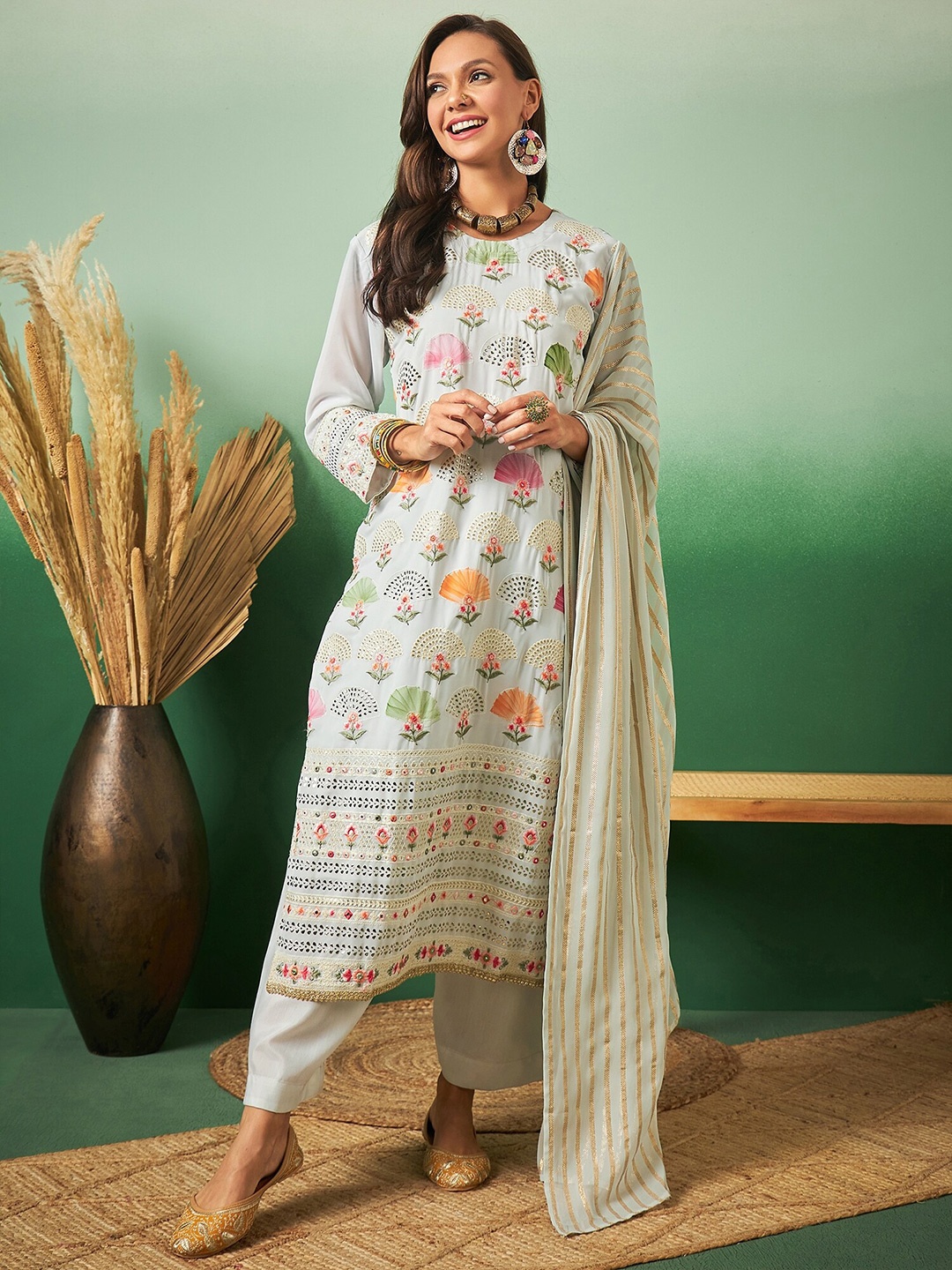 Sangria Blue Floral Embroidered Unstitched Dress Material