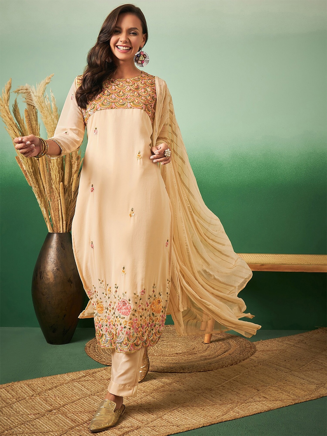 Sangria Orange Floral Embroidered Unstitched Dress Material