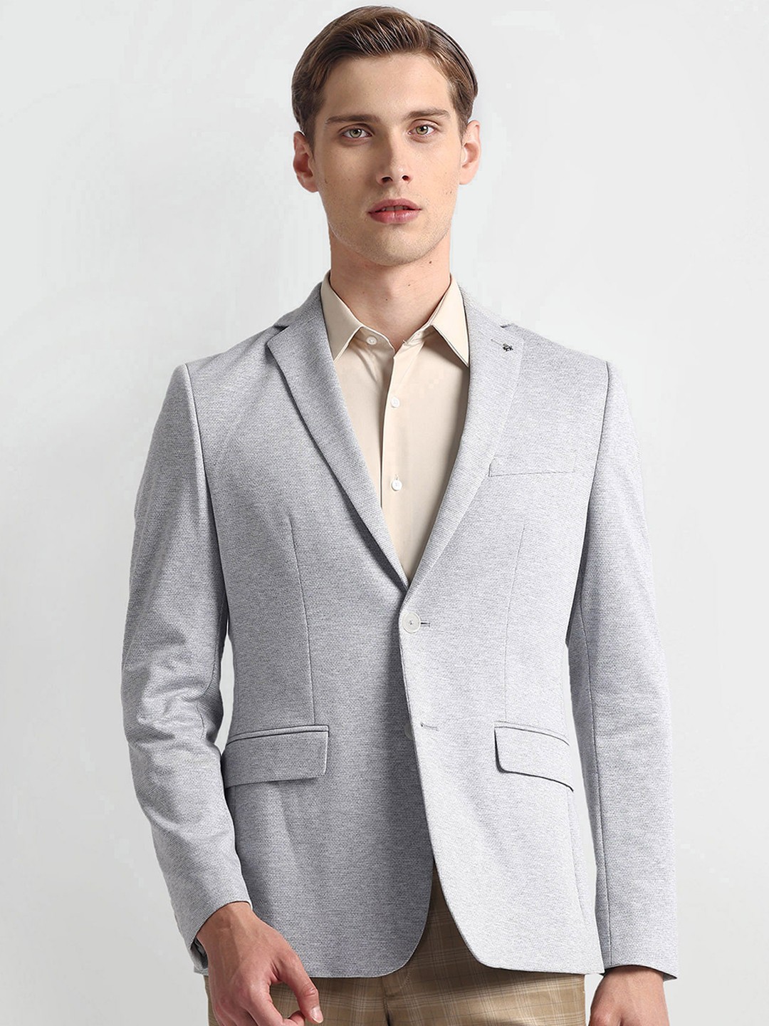 

Arrow Self Design Slim-Fit Single-Breasted Heathered Slim Knit Formal Blazer, Grey