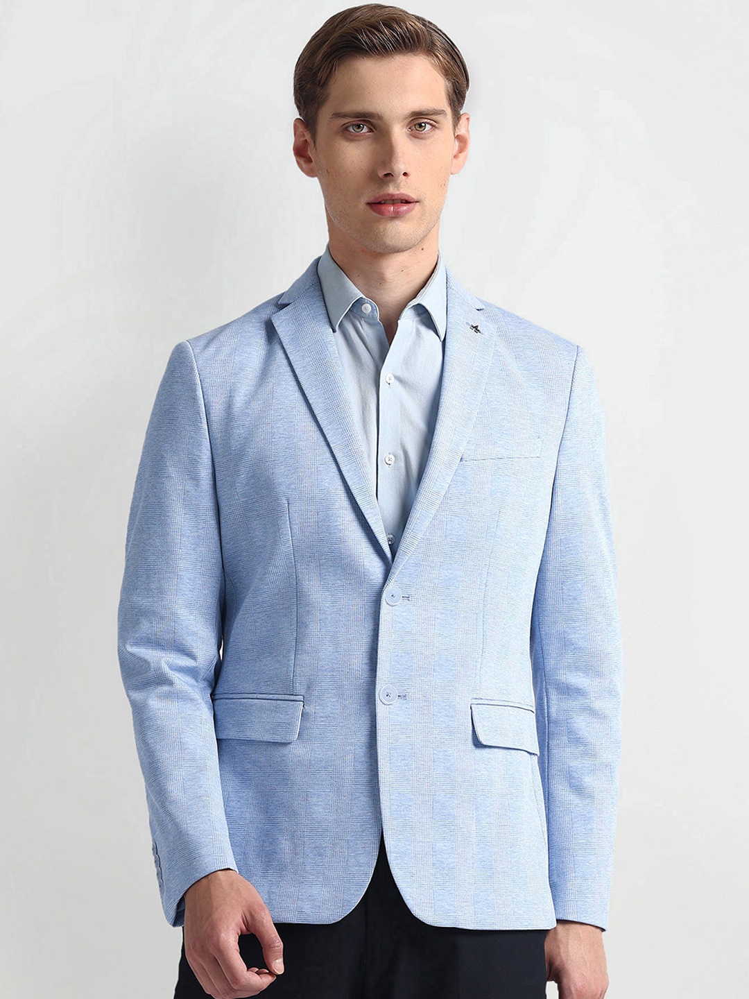 

Arrow Tartan Checked Slim-Fit Single-Breasted Knit Formal Blazer, Blue