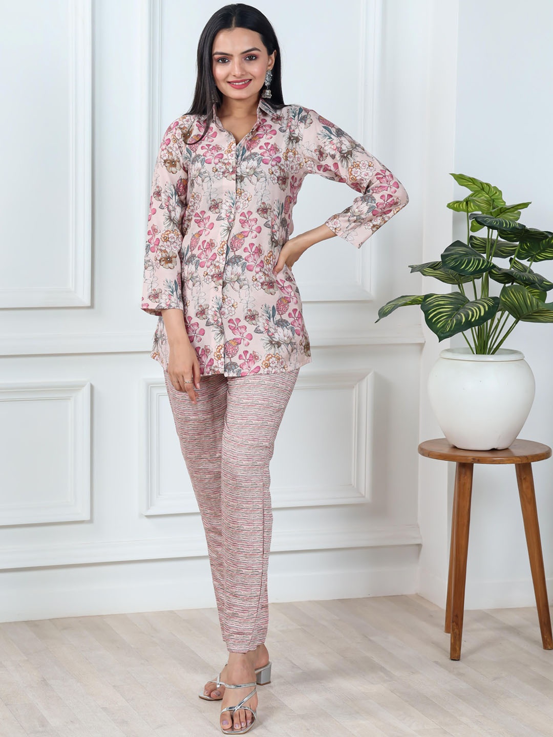 

Vidraa Western Store Floral Printed Shirt Collar Pure Cotton Shirt & Flared Trouser, Pink