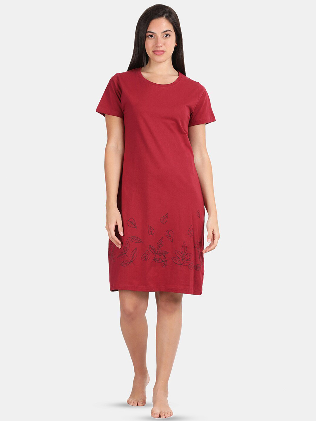 

Kryptic Floral Printed Pure Cotton Knee Length Nightdress, Maroon