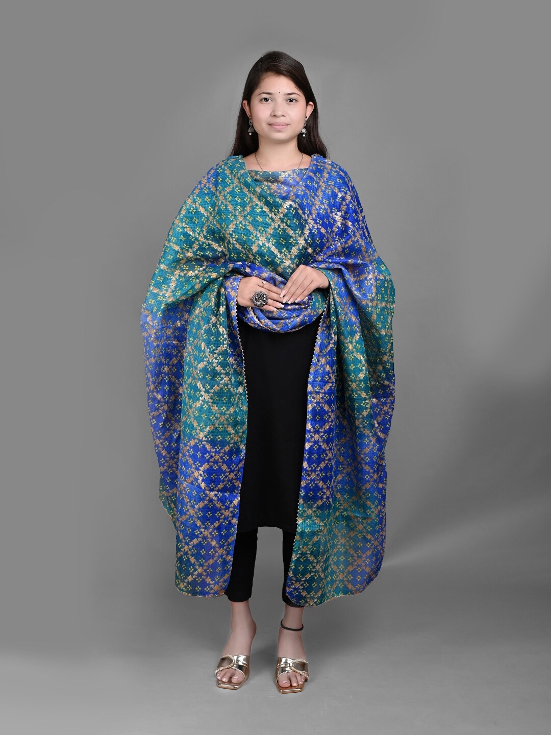 

Apratim Checked Printed Zari Dupatta, Blue