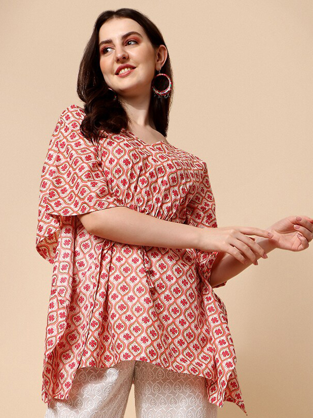 

NAINVISH Floral Print High-Low Longline Top, Red