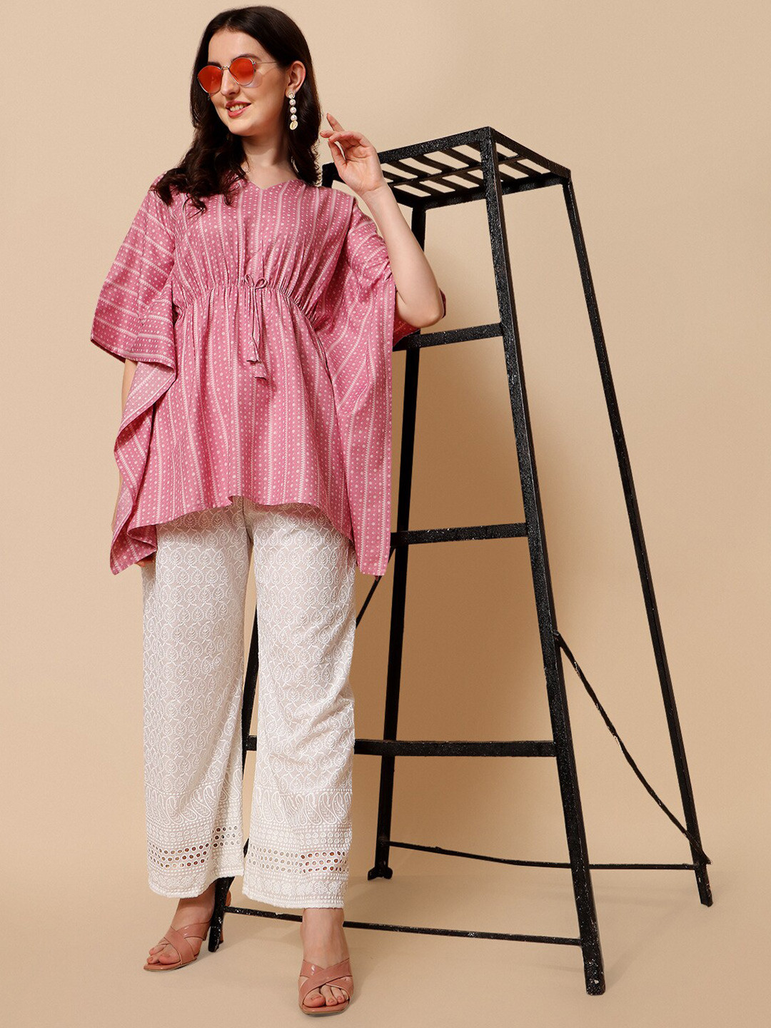 

NAINVISH Geometric Striped Kimono Sleeve Top, Pink