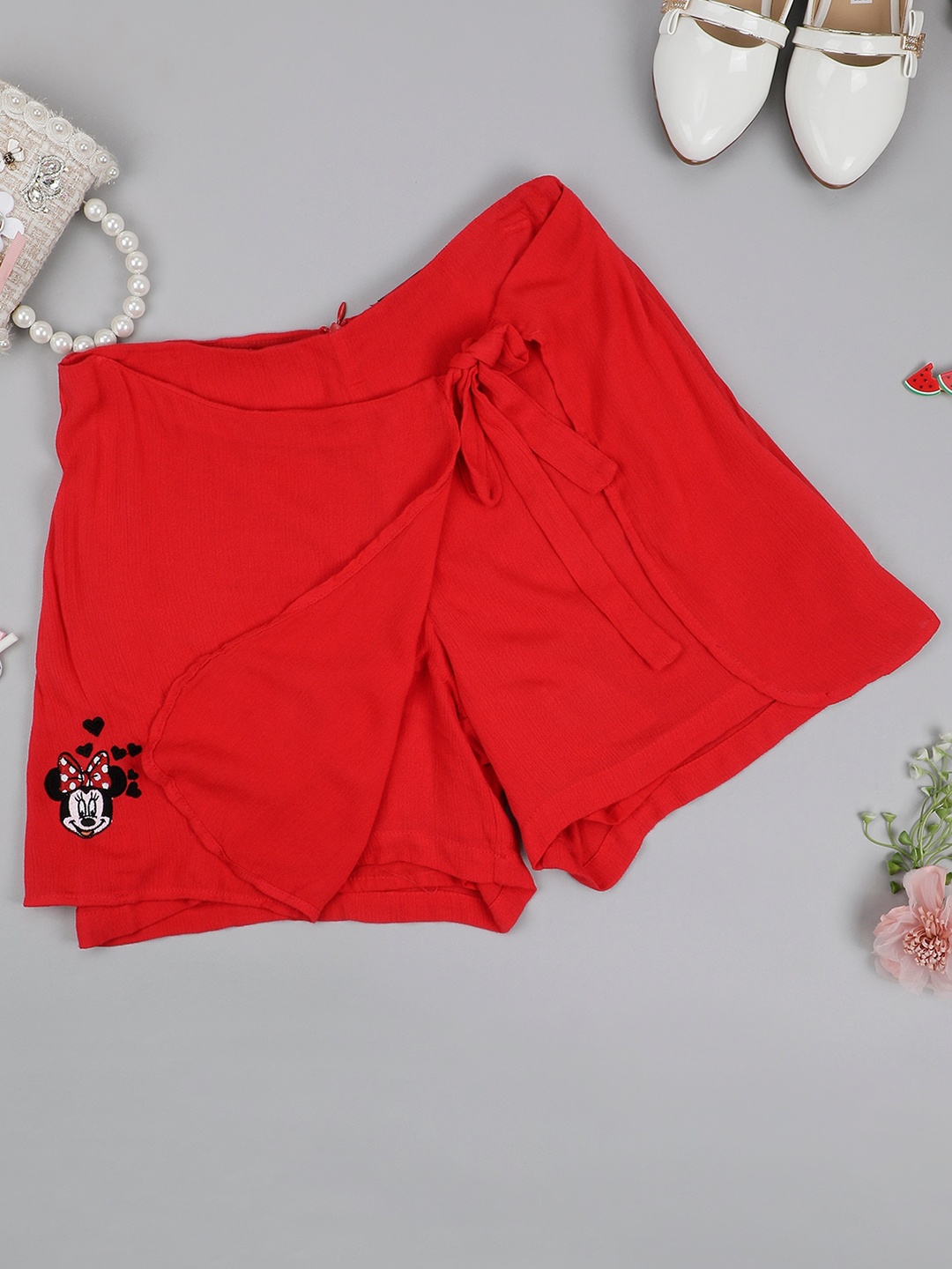 

One Friday Girls Minnie Mouse Printed Pure Cotton Mid-Rise Skorts, Red