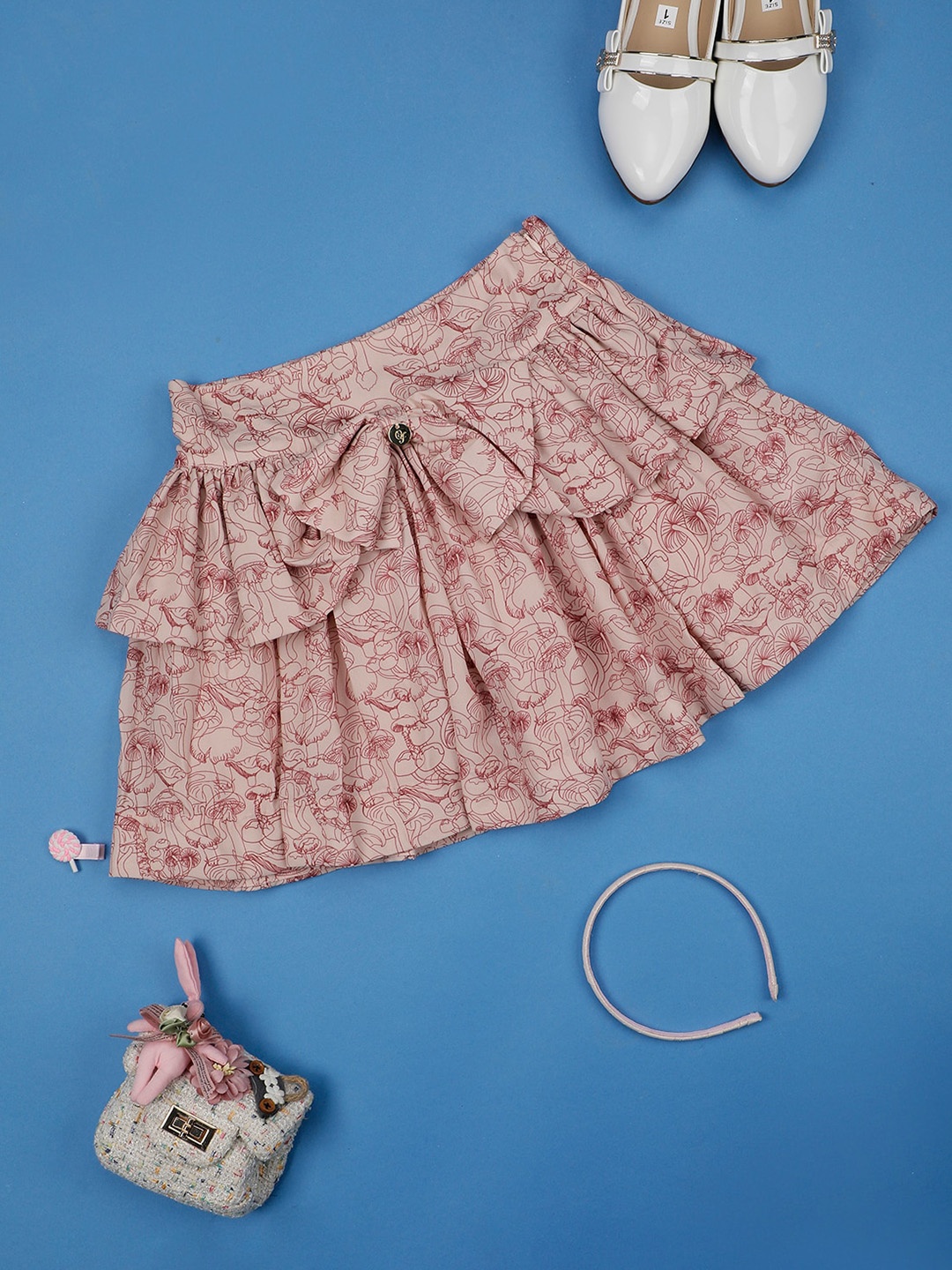 

One Friday Girls Floral Printed Flared Mini Skirt, Brown