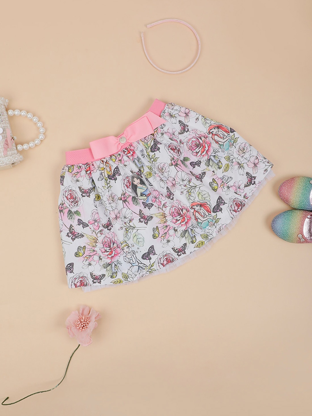 

One Friday Girls Printed pure Cotton Flared Knee Length Skirt, Pink