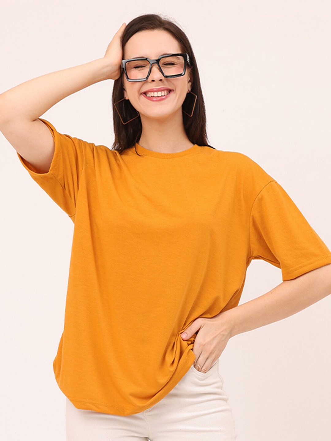 

Leotude Round Neck Drop-Shoulder Sleeves Oversized T-shirt, Mustard