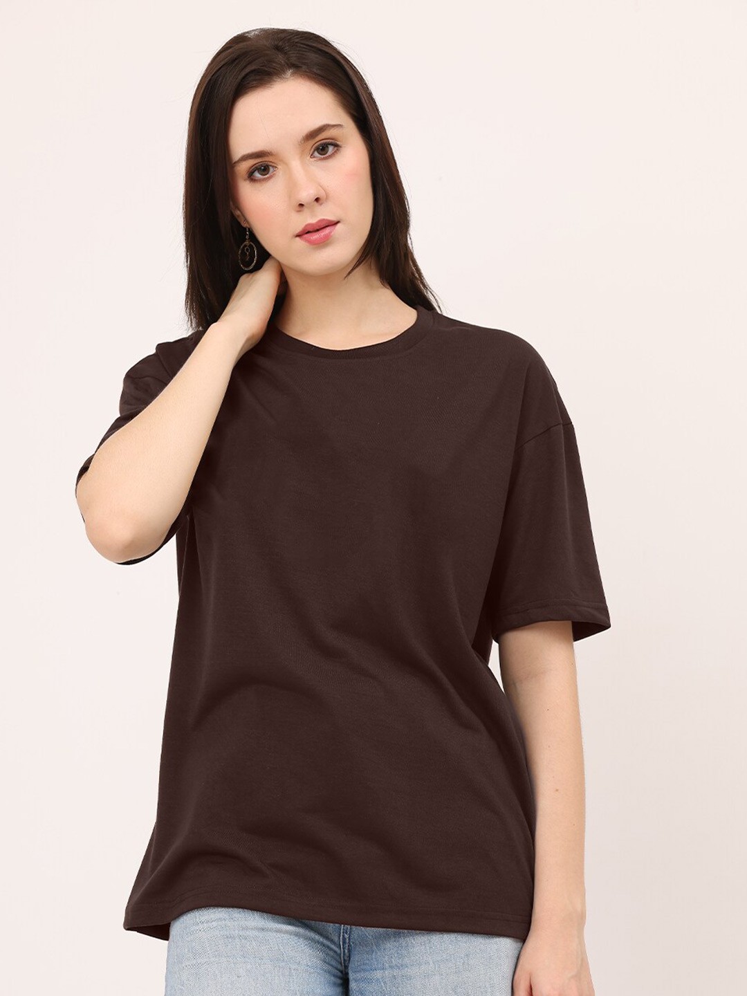 

Leotude Round Neck Drop-Shoulder Sleeves Oversized T-Shirt, Brown