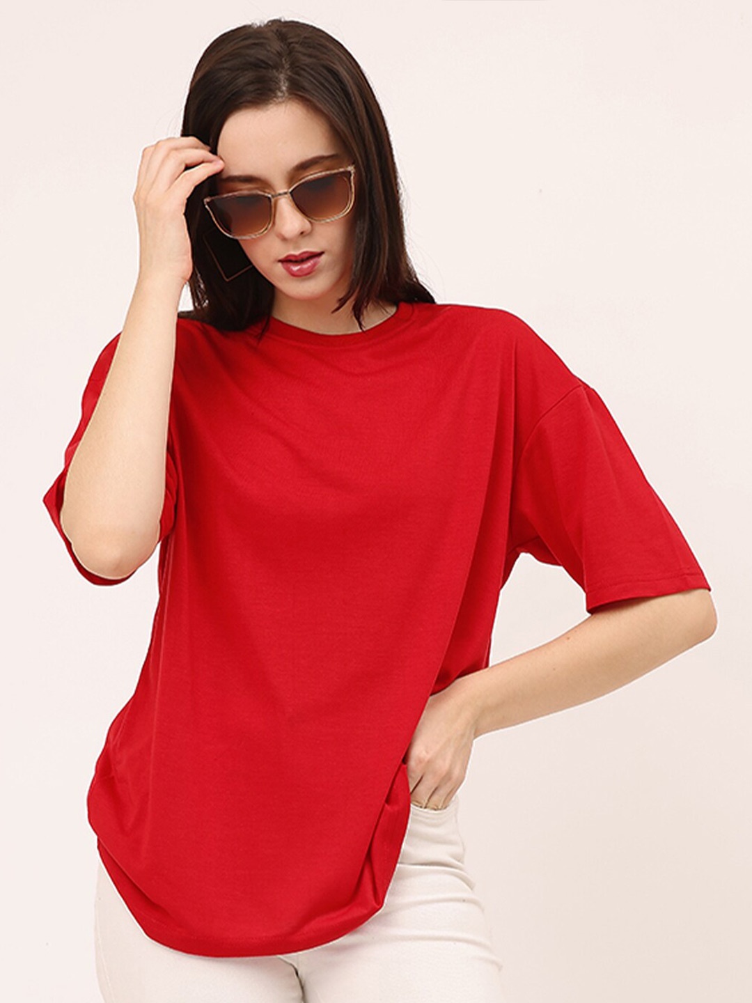 

Leotude Round Neck Drop-Shoulder Sleeves Oversized T-shirt, Red