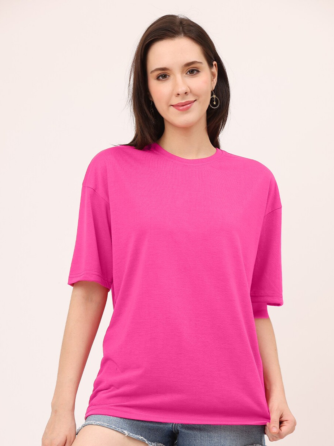 

Leotude Round Neck Drop-Shoulder Sleeves Oversized T-Shirt, Pink