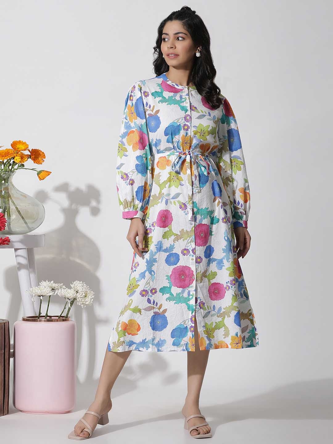 

W Floral Print Round Neck Cotton Fit & Flare Dress, White