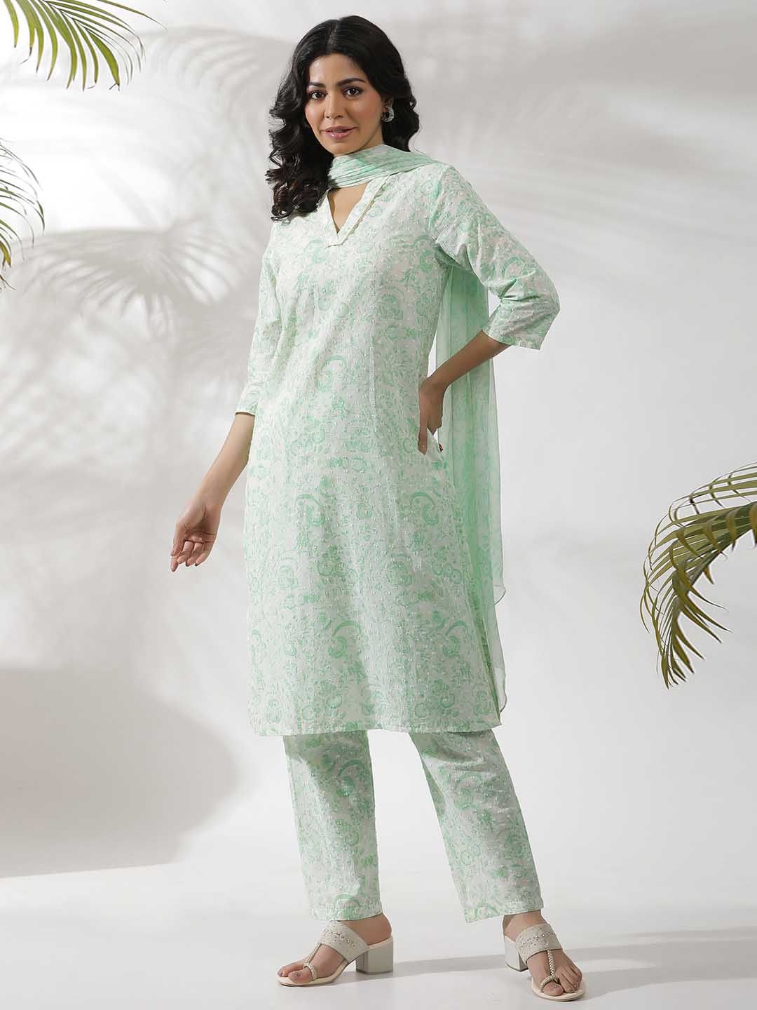 

W Floral Printed V-Neck Regular Pure Cotton Kurta With Trousers & Dupatta, White