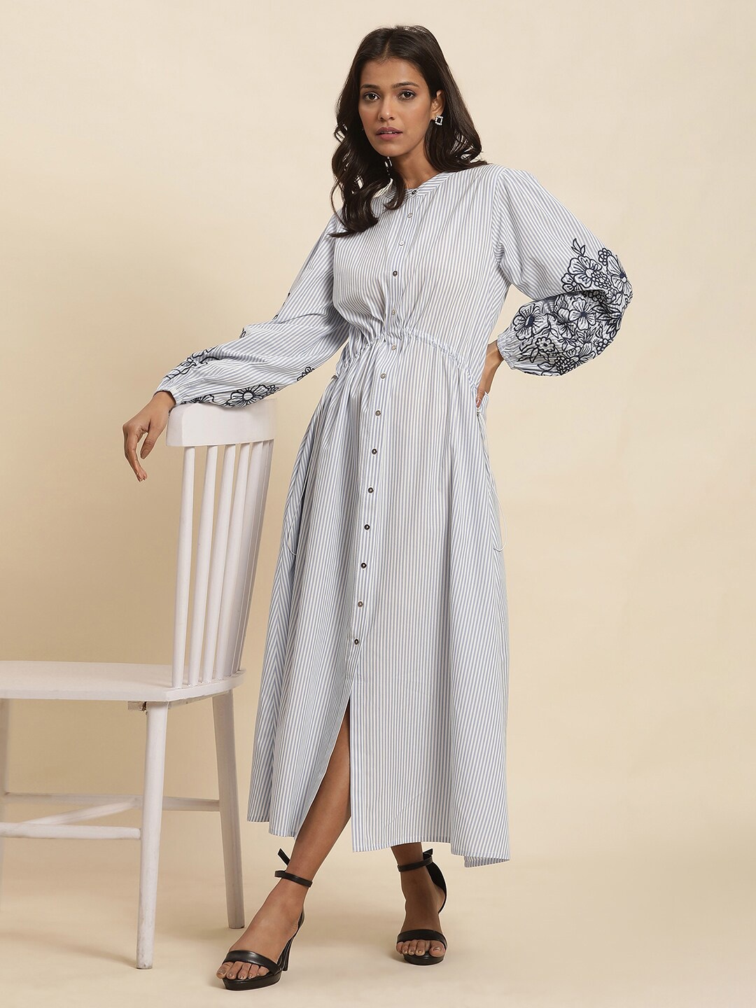 

W Striped Embroidered Pure Cotton Shirt Style Maxi Dress, White