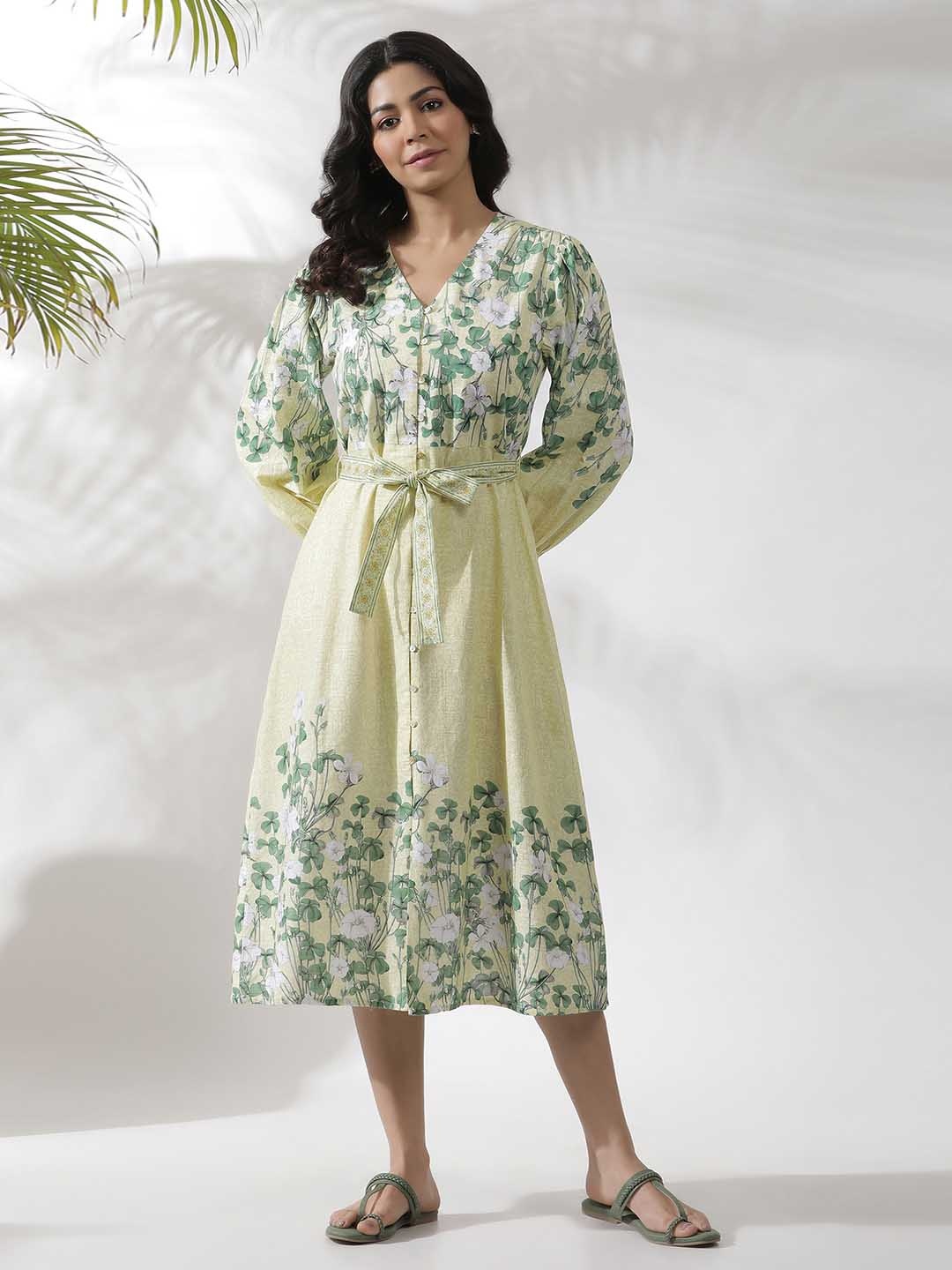 

W Floral Printed V-Neck Waist Tie-Up A-Line Midi Dress, Yellow