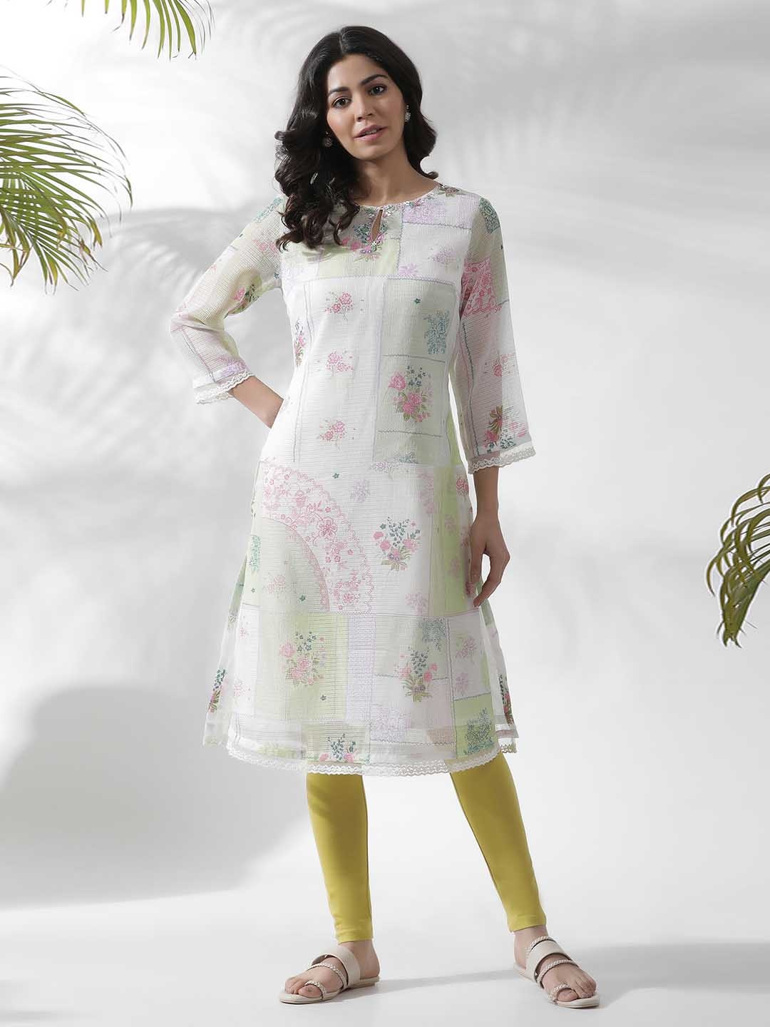 

W Floral Printed Keyhole Neck Beads and Stones Kurta, White