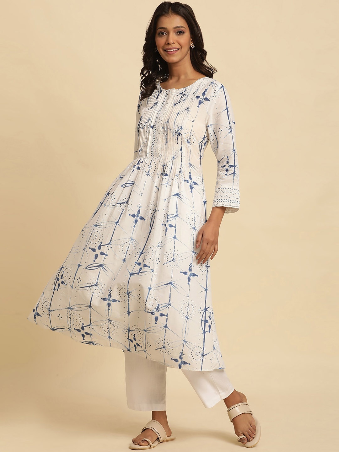 

W Abstract Printed Thread Work Pure Cotton A-Line Kurta, White