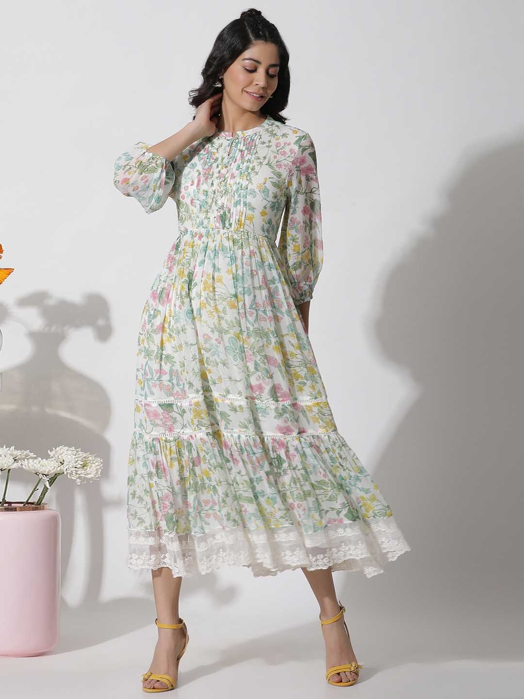

W Floral Printed Lace Up Tiered Fit & Flare Midi Dress, White