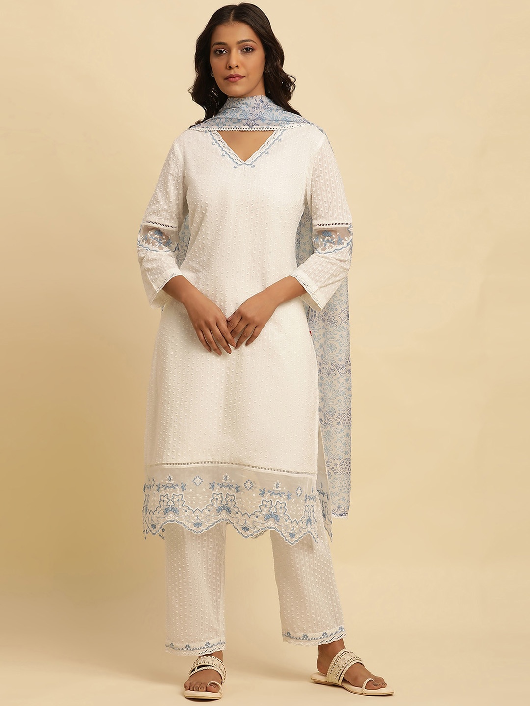 

W Floral Embroidered Regular Thread Work Pure Cotton Kurta With Trousers & Dupatta, White