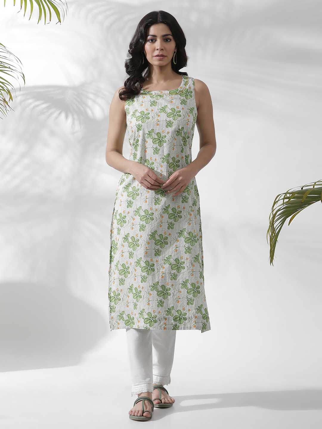 W Floral Printed Thread Work Pure Cotton Straight Kurta, Off white