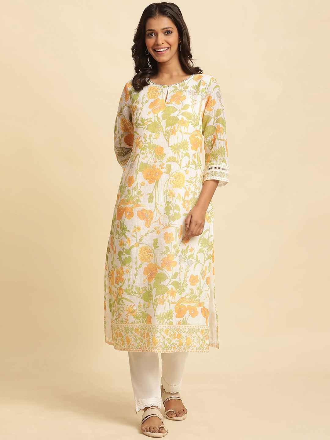 

W Floral Printed Keyhole Neck Straight Kurta, White