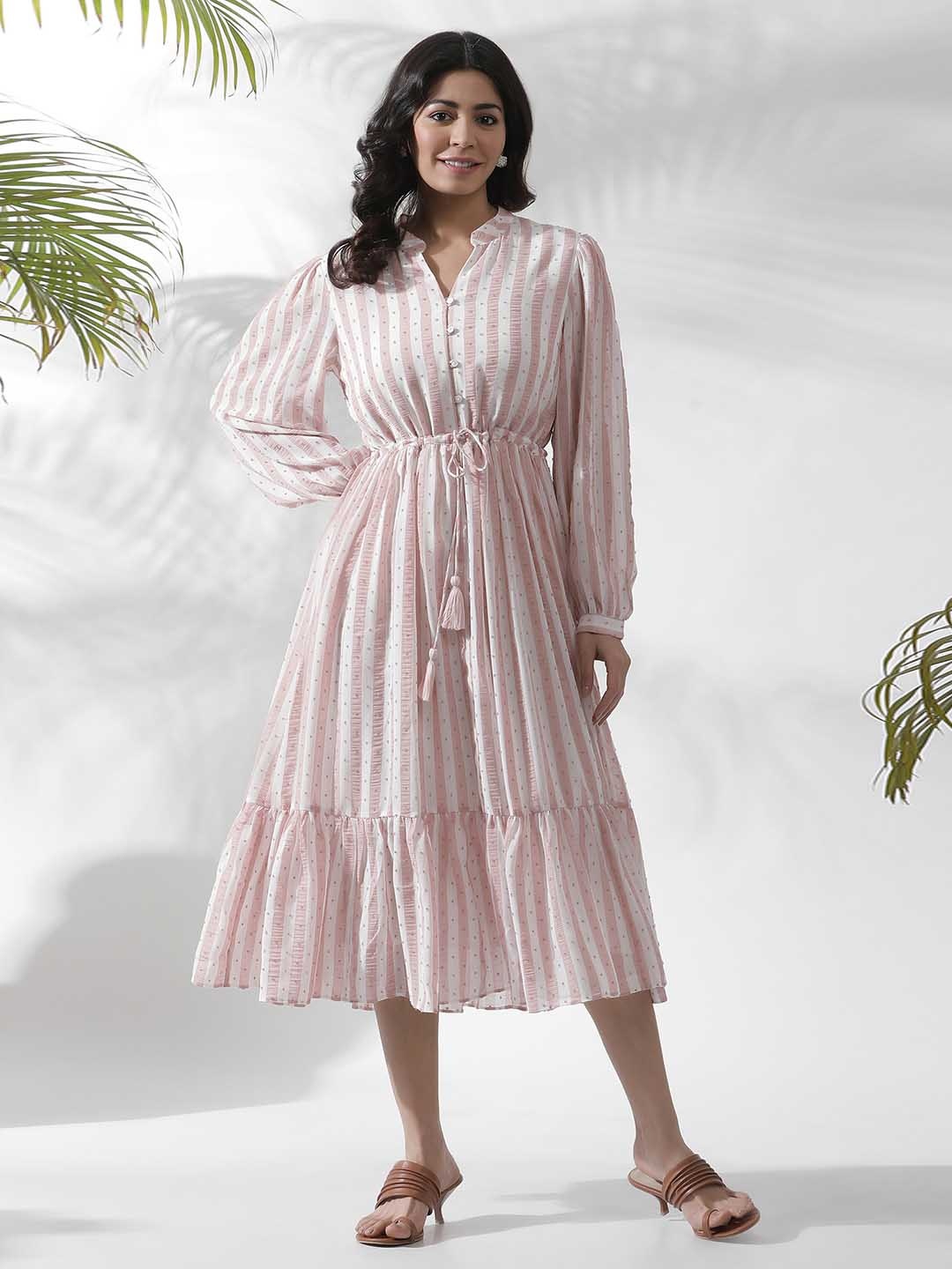 

W Striped Notched Neck Puff Sleeves A-Line Opaque Midi Casual Dress, White