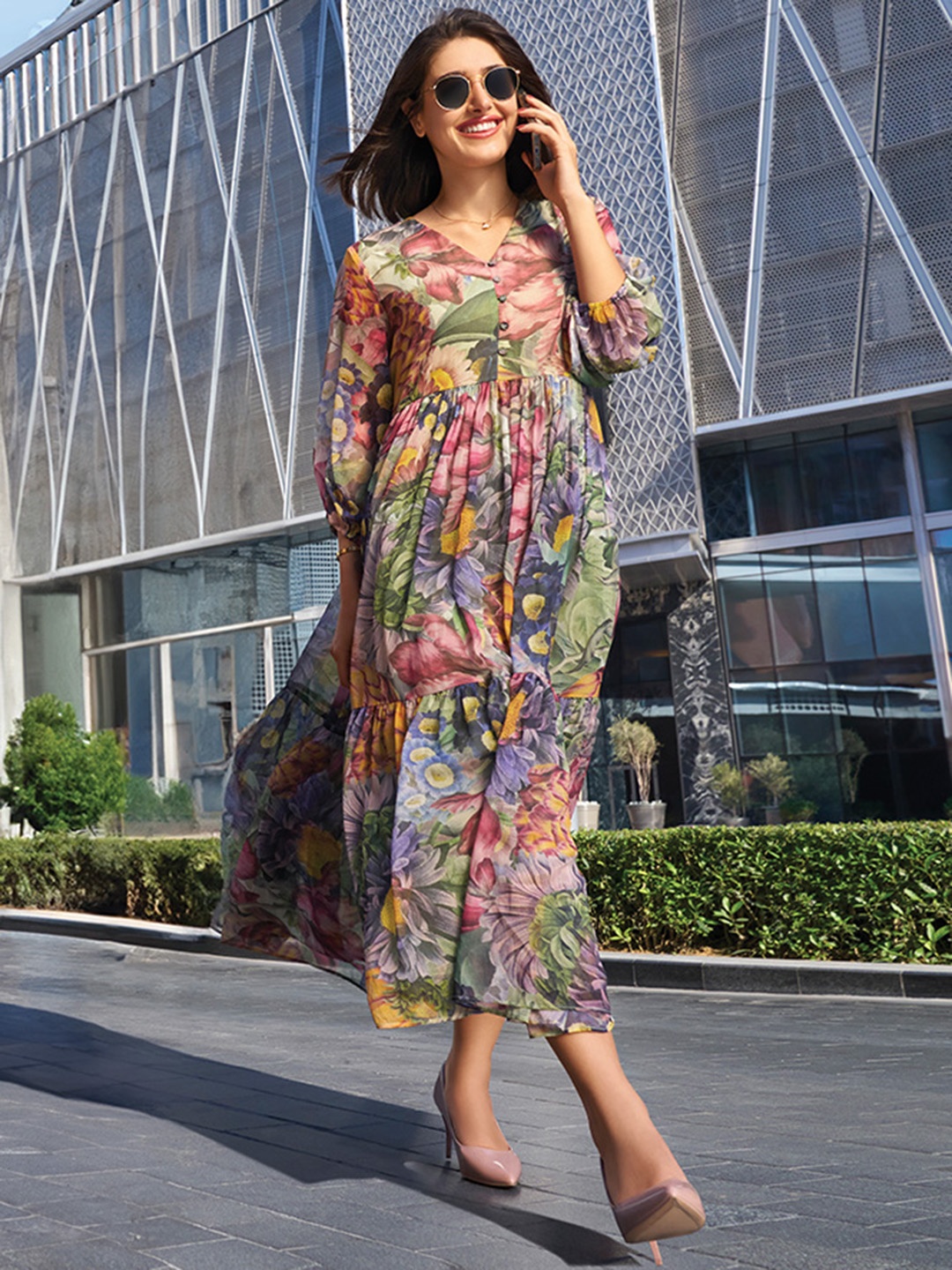 

W Floral Print V-Neck Bell Sleeves A-Line Maxi Dress, Green