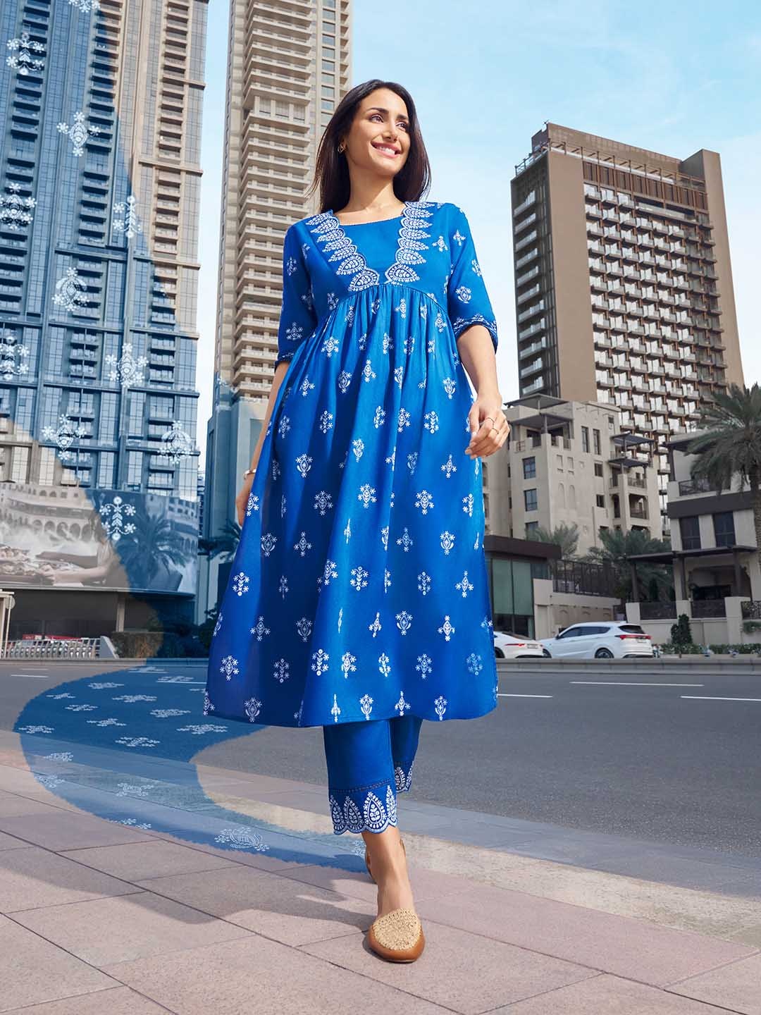 

W Ethnic Motifs Printed Round Neck Pure Cotton Kurta & Trouser, Blue